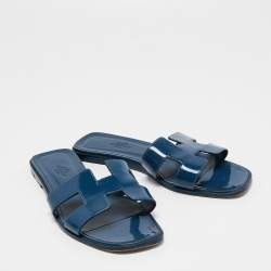 Hermes Midnight Blue Patent Leather Oran Flat Slides Size 39