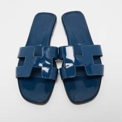 Hermes Midnight Blue Patent Leather Oran Flat Slides Size 39