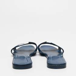 Hermes Midnight Blue Patent Leather Oran Flat Slides Size 39