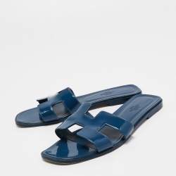 Hermes Midnight Blue Patent Leather Oran Flat Slides Size 39