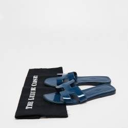 Hermes Midnight Blue Patent Leather Oran Flat Slides Size 39