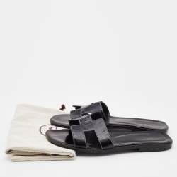 Pre Owned Hermes Black Leather Oran Flat Slides Size 37