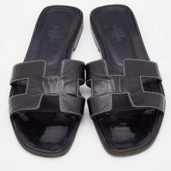Pre Owned Hermes Black Leather Oran Flat Slides Size 37