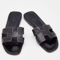 Pre Owned Hermes Black Leather Oran Flat Slides Size 37