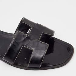 Pre Owned Hermes Black Leather Oran Flat Slides Size 37