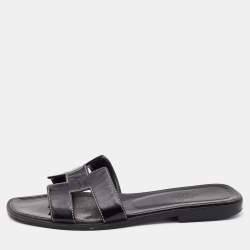 Pre Owned Hermes Black Leather Oran Flat Slides Size 37