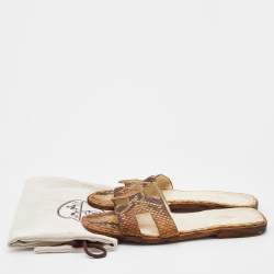 Hermes Brown Python Leather Oran Flat Slides Size 37.5