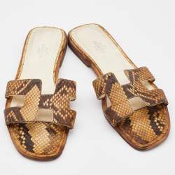Hermes Brown Python Leather Oran Flat Slides Size 37.5