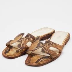 Hermes Brown Python Leather Oran Flat Slides Size 37.5