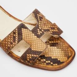 Hermes Brown Python Leather Oran Flat Slides Size 37.5