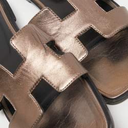 Pre Owned Hermes Metallic Brown Leather Oran Flat Slides Size 39.5