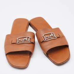 Hermes Brown Leather Villa Flat Slides Size 39