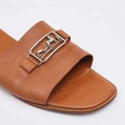 Hermes Brown Leather Villa Flat Slides Size 39