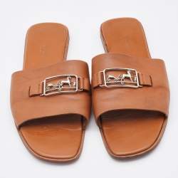 Hermes Brown Leather Villa Flat Slides Size 39
