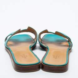 Hermes Turquoise Leather Oran Flat Slides Size 40