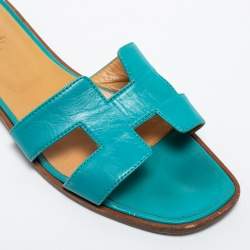 Hermes Turquoise Leather Oran Flat Slides Size 40