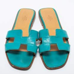 Hermes Turquoise Leather Oran Flat Slides Size 40