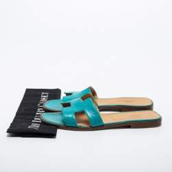 Hermes Turquoise Leather Oran Flat Slides Size 40