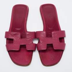 Hermes Magenta Leather Oran Flat Slides Size 38