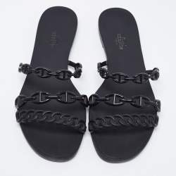 Pre Owned Hermes Black Rubber D'ancre Chaine Rivage Flat Slides Size 39