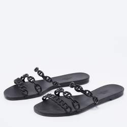 Pre Owned Hermes Black Rubber D'ancre Chaine Rivage Flat Slides Size 39