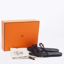 Pre Owned Hermes Black Rubber D'ancre Chaine Rivage Flat Slides Size 39