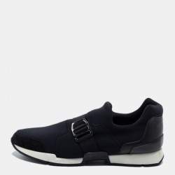Pre Owned Hermes Black Neoprene and Leather Run Slip On Sneakers Size 37