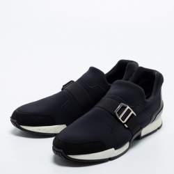 Pre Owned Hermes Black Neoprene and Leather Run Slip On Sneakers Size 37