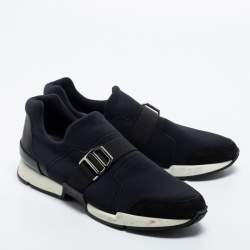 Pre Owned Hermes Black Neoprene and Leather Run Slip On Sneakers Size 37