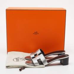 Hermes Silver Leather Oasis Slide Sandals Size 38