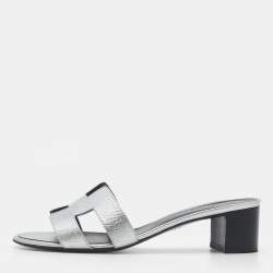 Hermes Silver Leather Oasis Slide Sandals Size 38