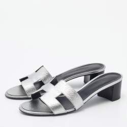 Hermes Silver Leather Oasis Slide Sandals Size 38