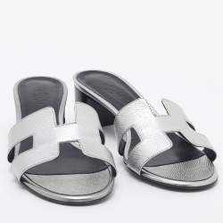 Hermes Silver Leather Oasis Slide Sandals Size 38