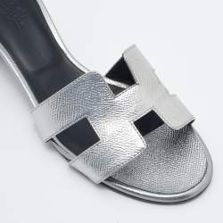 Hermes Silver Leather Oasis Slide Sandals Size 38