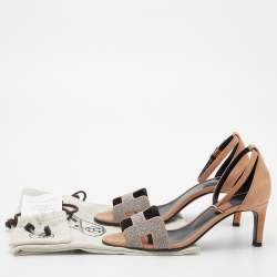 Hermes Beige/Silver Suede and Glitter Premiere Ankle Strap Sandals Size 37
