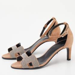 Hermes Beige/Silver Suede and Glitter Premiere Ankle Strap Sandals Size 37