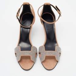 Hermes Beige/Silver Suede and Glitter Premiere Ankle Strap Sandals Size 37