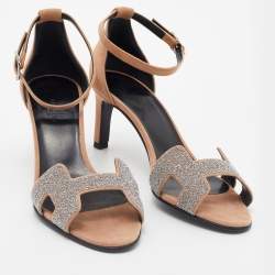 Hermes Beige/Silver Suede and Glitter Premiere Ankle Strap Sandals Size 37