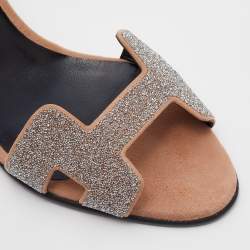 Hermes Beige/Silver Suede and Glitter Premiere Ankle Strap Sandals Size 37