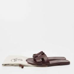 Hermes Burgundy Lizard Embossed Leather Oran Flat Slides Sze 37.5
