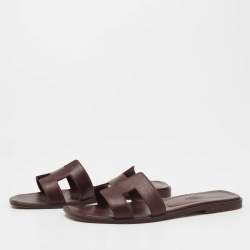 Hermes Burgundy Lizard Embossed Leather Oran Flat Slides Sze 37.5