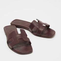 Hermes Burgundy Lizard Embossed Leather Oran Flat Slides Sze 37.5