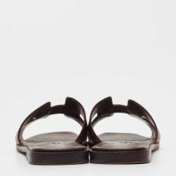 Hermes Burgundy Lizard Embossed Leather Oran Flat Slides Sze 37.5