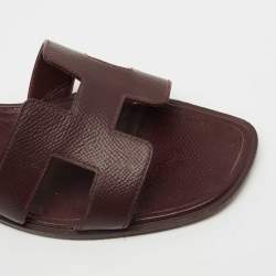 Hermes Burgundy Lizard Embossed Leather Oran Flat Slides Sze 37.5