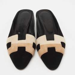 Pre Owned Hermes Tricolor Suede Roxane Flat Mules Size 37.5