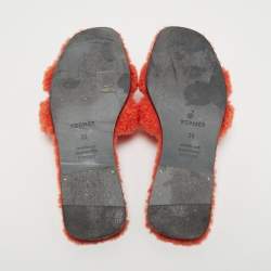Hermes Orange Shearling Fur Oran Flat Slides Size 36