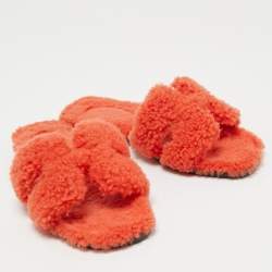 Hermes Orange Shearling Fur Oran Flat Slides Size 36