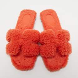 Hermes Orange Shearling Fur Oran Flat Slides Size 36
