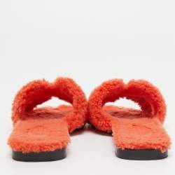 Hermes Orange Shearling Fur Oran Flat Slides Size 36