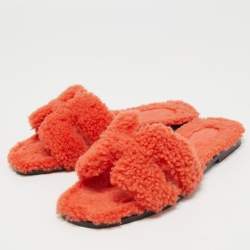 Hermes Orange Shearling Fur Oran Flat Slides Size 36